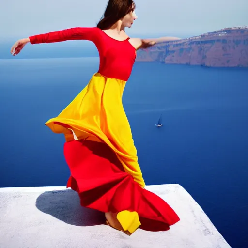 Image similar to beautiful modern dancer wearing a red, yellow, blue swirling dress, standing on a Santorini terrace looking down into the ocean, trending on artstation, cinematic, photorealistic