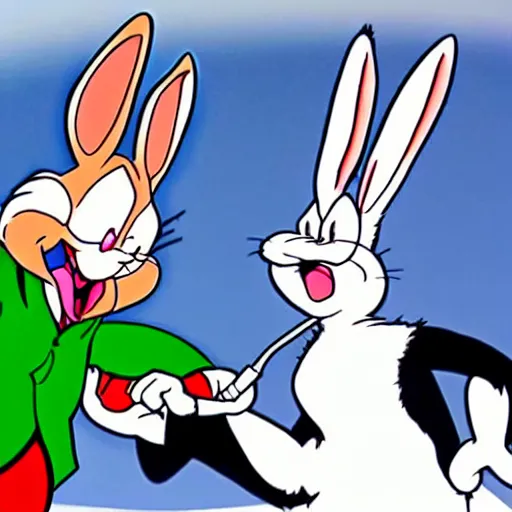 Image similar to bugs bunny smacking donald trump on the back with a club and sending him flying, cartoon, looney toons