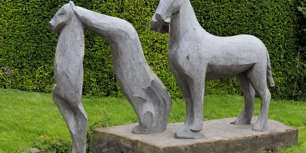 Prompt: folk art carved concrete statue of a horse rearing up, in an english cottage garden