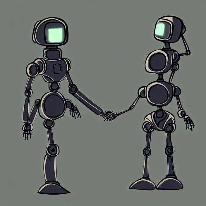 Image similar to concept art for an intimate scene between two cute robots, futurist, scifi, film