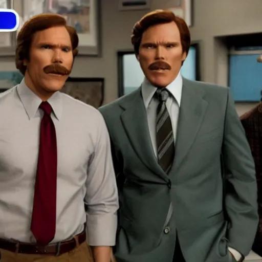 Image similar to Live Action Still of Jerma985 in Anchorman: The Legend of Ron Burgundy, real life, hyperrealistic, ultra realistic, realistic, highly detailed, epic, HD quality, 8k resolution, body and headshot, film still