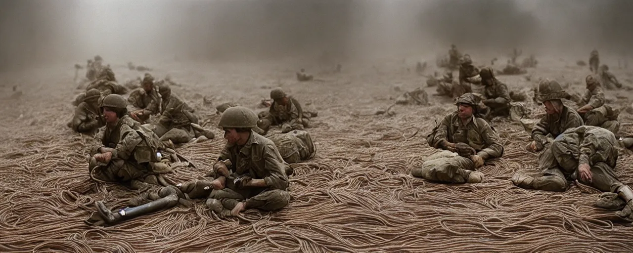 Image similar to dead soldiers on the battlefield, wrapping spaghetti, fog of war, canon 5 0 mm, high detail, intricate, cinematic lighting, photography, wes anderson, film, kodachrome