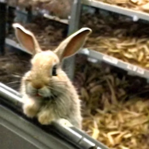 Prompt: trail cam footage of a rabbit in the foods in the dark with vampiric - teeth