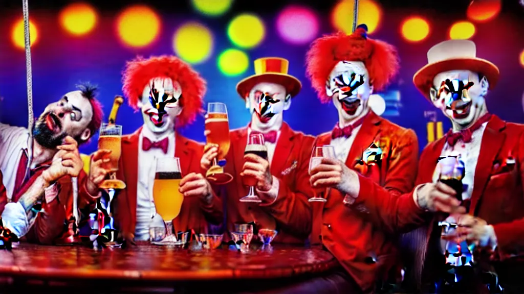 Prompt: circus clowns drinking alcohol, inside a bar, vibrant colors, hyper-realistic, extreme detail, sharp photo, beautiful, cinematic 4K