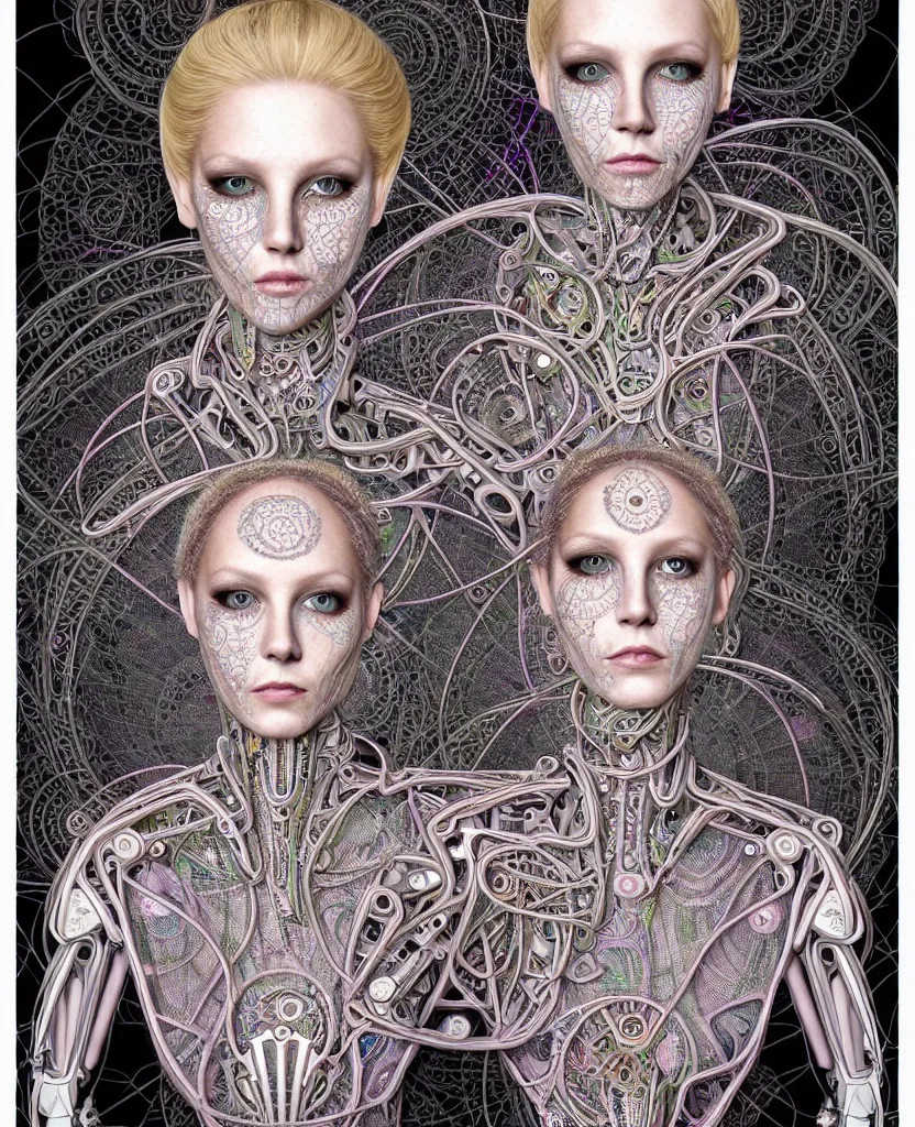 Image similar to full colour photographic beautiful biomechanical female blonde dreadlock cyborg, realistic skin, geometrical octagonal lace tattoos, alexander mcqueen, art nouveau fashion embroidered, futuristic android jones style steampunk, trippy lsd hippie, craftsmanship, intricate silver filigrees, hexagonal mesh wire, mandelbrot fractal spiral mandala, alex grey, giger, hyperreal, photorealistic