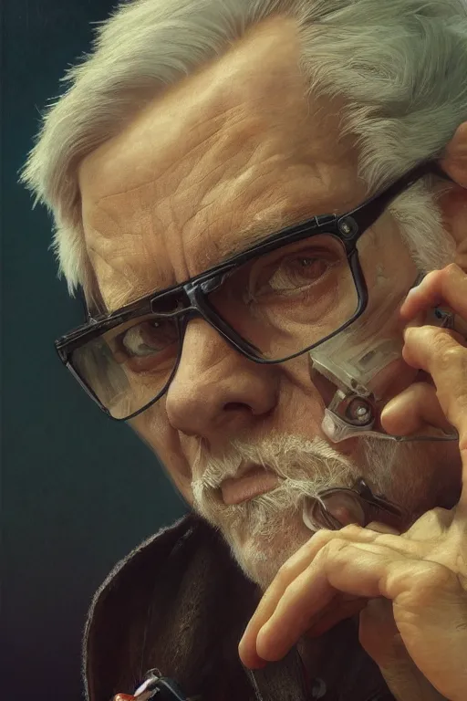 Image similar to portrait, close up, cyberpunk old man, movie poster, normal hands, normal legs, cinematic lighting, intricate, rugged, highly detailed, digital painting, artstation, smooth, sharp focus, illustration, art by artgerm and greg rutkowski and alphonse mucha and Wayne Barlowe and william-adolphe bouguereau