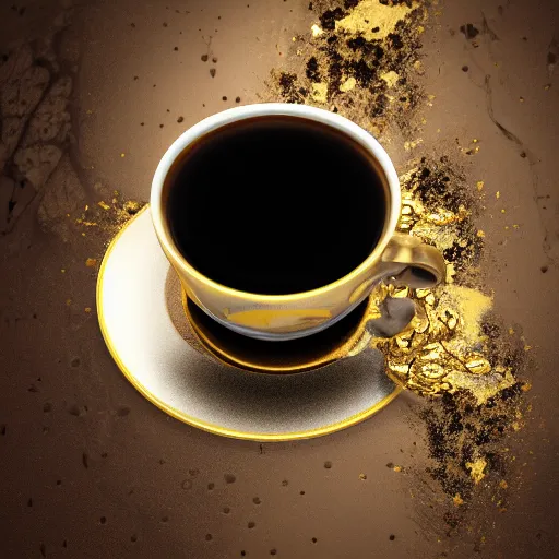 Image similar to cup of steaming coffee, ornate kinatsugi, baroque, gold dust, marble background, dark-brown, gold cracks, silver, highly detailed porcelain, glazed, volumetric dust rays, dark, intricate detail, ultra realistic, dramatic lighting, wet, shiny, unreal engine 5, hyper realistic, octane render, 8k