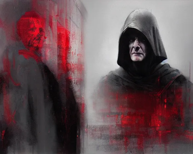 Prompt: portrait of palpatine ian mcdiarmid emperor with a hood in shades of grey but with red by jeremy mann