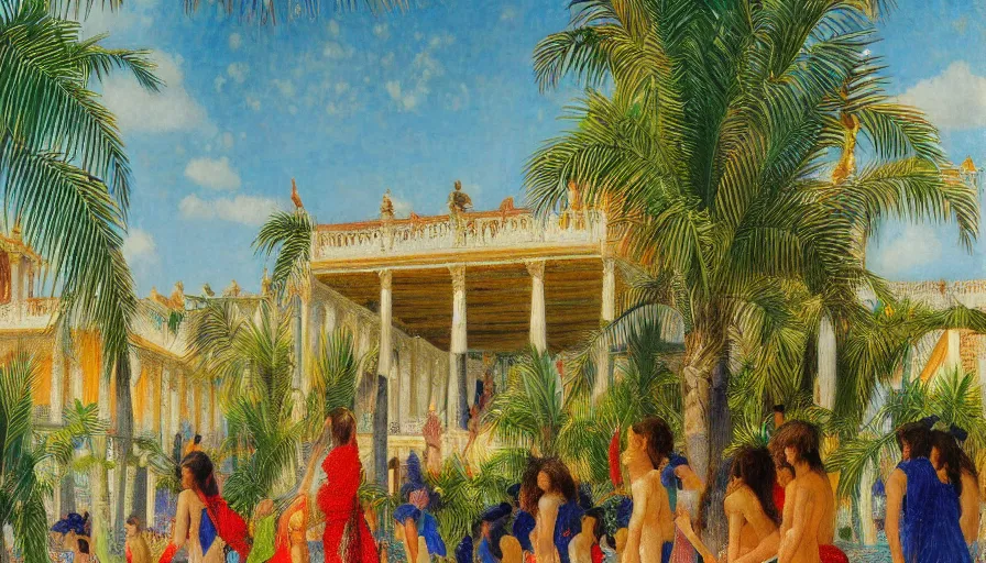 Image similar to a ultradetailed beautiful painting of the amazonas palace balustrade designed by jules bastien - lepage, tarsila do amaral, frank weston and gustave baumann, beach, trending on artstation, mediterranean, palm trees, sharp focus, colorful refracted sparkles and lines, soft light, 8 k 4 k