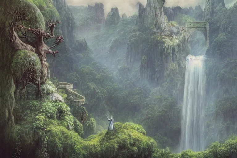 Image similar to Himeji Rivendell overlooks the Garden of Eden, amazing concept painting, fantasy landscape, castle, valley, waterfalls, trees, by Jessica Rossier by HR giger by Beksinski, by brian Froud