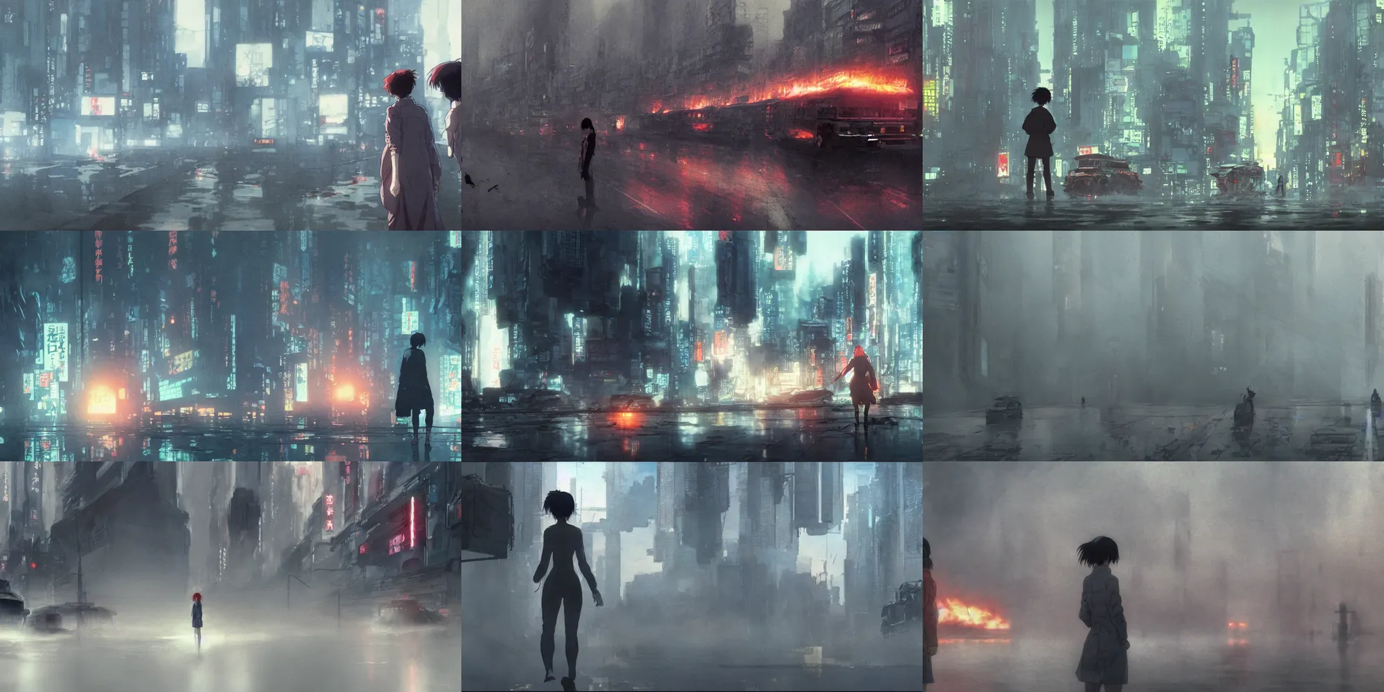 Prompt: incredible wide screenshot, ultrawide, simple water color, paper texture, katsuhiro otomo ghost in the shell anime movie scene, back lit vertigo fear of heights, action shot girl in parka, wet dark road, parasol, giant robot skull, earthquake destruction, reflection, thick fog, smoke, destroyed robots, blazing fire, burning bus crash inferno