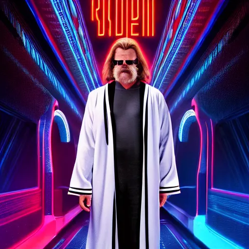 Prompt: dude lebowski dressed in bathrobe played by jeff bridges, stuck in tron realm, photorealistic movie still, detailed 8 k, poster style, high resolution