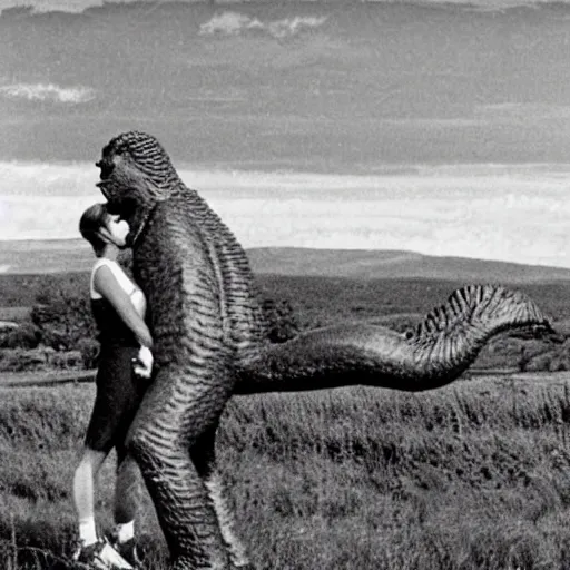 Prompt: 1980s photo of the Loch Ness monster kissing Bigfoot