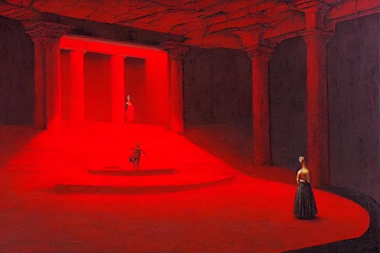 Image similar to only with red, a red great emperor, taormina amphitheatre, crowd with big smile, in the style of beksinski, parts by edward hopper, parts by rodcenko, parts by yue minjun, intricate and epic composition, red by caravaggio, insanely quality, highly detailed, masterpiece, red light, artstation, 4 k