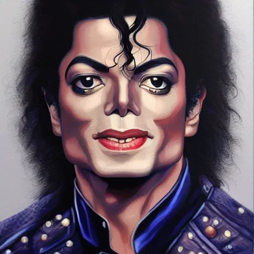 Prompt: portrait painting of Michael Jackson by Sandra Chevrier, trending on Artstation, sharp focus illustration, cosmic background, intricate, hyperdetailed