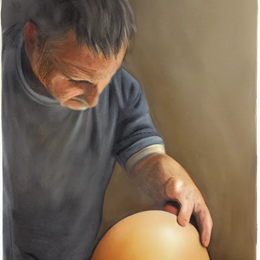 Image similar to man cries while holding giant egg sitting on the kitchen floor at night, painting, somber, moody lighting