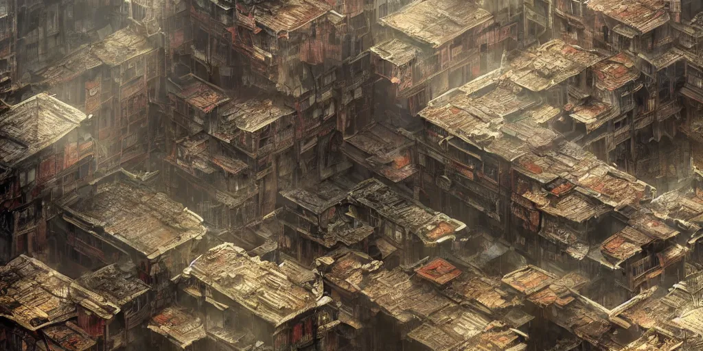 Image similar to inside of kowloon walled city by early evening, flat interior, concept art, light, shadows, reflections, epic composition, intricate, elegant, volumetric lighting, digital painting, highly detailed, artstation, sharp focus, illustration, octane render, concept art, ruan jia, steve mccurry