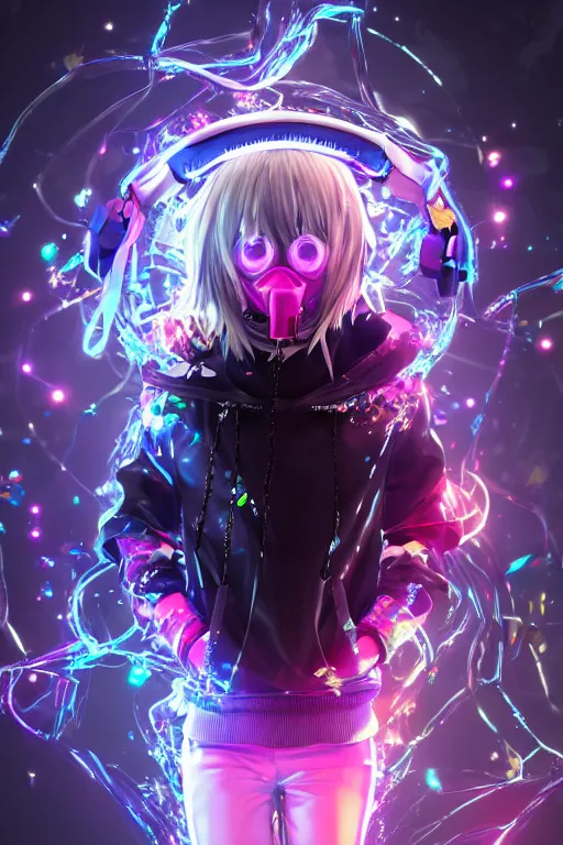 Image similar to portrait of an 3d anime character with cute sparkly eyes wearing a holographic hoodie and headphones, long hair with pastel colors, wearing a cute face gas mask in a still of code vein by Kurumi Kobayashi Koichi Itakura, 3d anime, octane render, dynamic dramatic lighting, with glitch and chromatic abbreviations, artstation, cgsociety, imaginefx, by anime concept artist, rendered in unreal engine, by WENJR, WLOP, artgerm