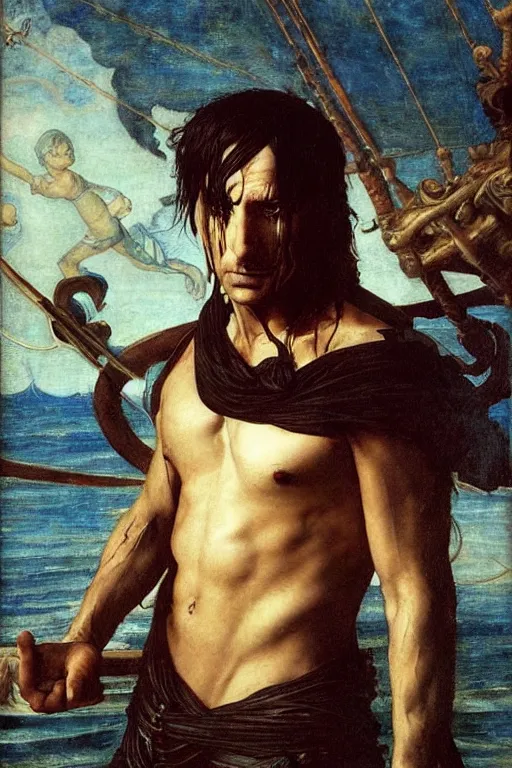 Prompt: trent reznor as a pirate king, god of the ocean by edgar maxence and caravaggio and michael whelan and delacroix