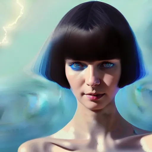 Image similar to woman with dark bobcut haircut with friendly blue eyes and slim features looking happy, futurist style, intricate, elegant gleaming jewelry, angelic halo, highly detailed, digital painting, artstation, concept art, smooth, sharp focus, illustration, art by wlop, mars ravelo and greg rutkowski