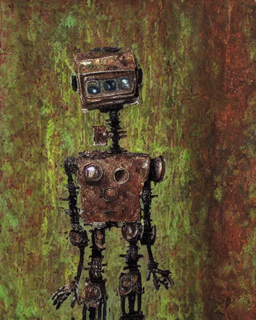 Prompt: detailed oil painting of a decayed, rusty, humanoid robot, covered in moss