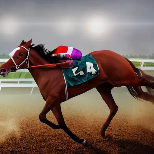 Image similar to close up front view of dense fog at a horse racing track. a glistening stallion ( ridden by a jockey in colorful outfit ) suddenly emerges from the fog head first, galloping extremely hard to win a race. professional, digital art, photorealistic, cinematic.