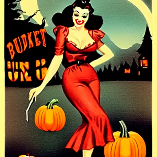 Image similar to a beautiful pinup vampire shopping for pumpkins, retro vintage pulp art movie poster,