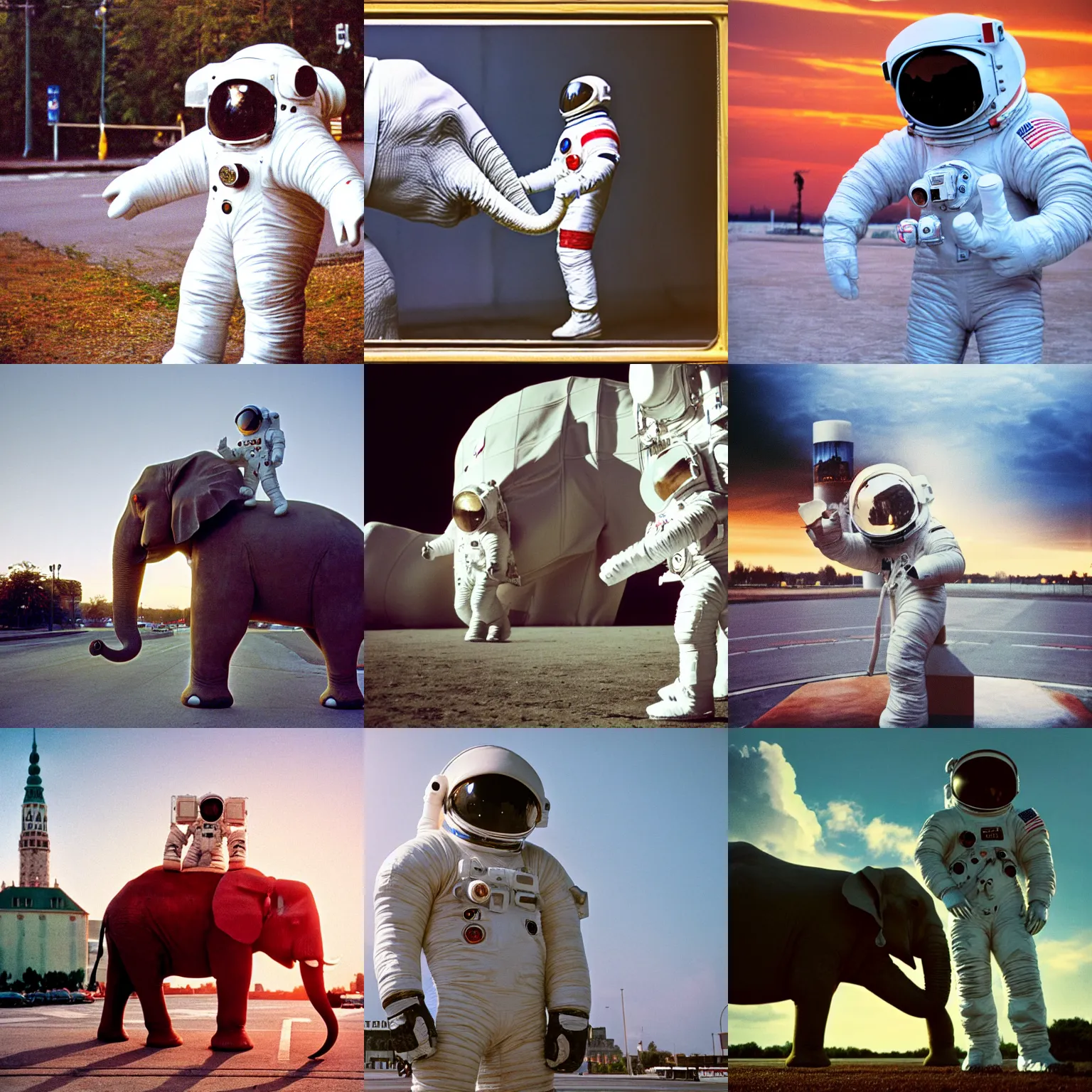 Prompt: shot on kodachrome, single subject, giant elephant wearing white custom made american spacesuit with oversized giant helmet as astronaut animal, in legnica, sunrise, by vhs camcoder