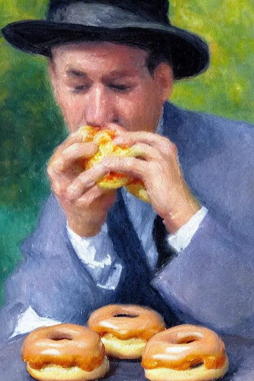 Prompt: An impressionist oil painting of a man eating a doughnut