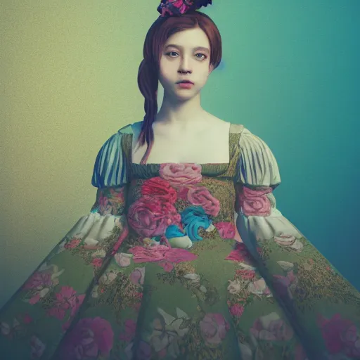 Image similar to 8k, octane render, realism, tonalism, renaissance, rococo, baroque, portrait of a young lady wearing long harajuku manga dress with flowers and skulls, background chaotic gold leaf flowers