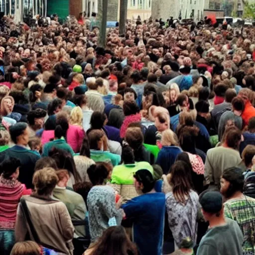 Prompt: a crowd of people worshipping a pickle