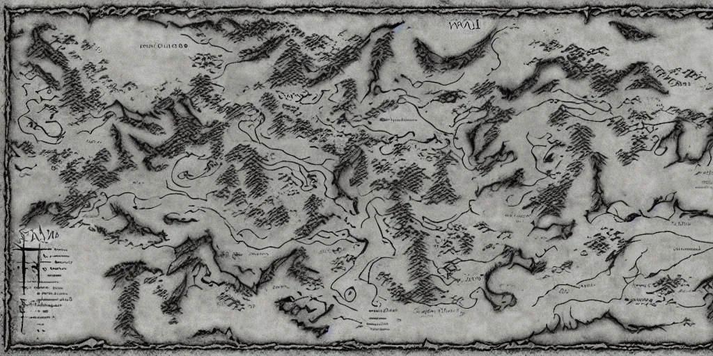 Prompt: Map of the realm of the wolf crew. Wolf face map. wolves. Ancient magic, medieval fantasy map, mountains, islands, forests. Map-style Skyrim, Lord of the rings map, zelda breath of the wild map, video game style, drawing on a parchment