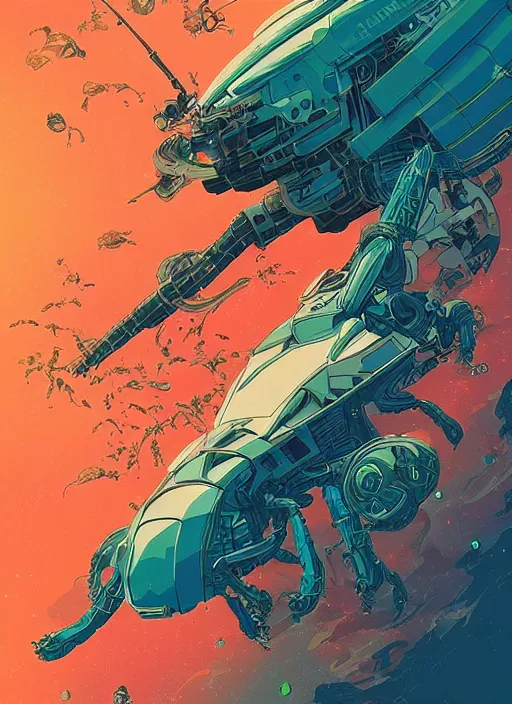 Prompt: sideview of half beetle half scorpion chimera spaceship, by victo ngai, moebius, yoichi hatakenaka, masamune shirow, josan gonzales!!!, dan mumford, vibrant colours, dynamic lighting, digital art, fantastically beautiful illustration, vibrant colours, artstation