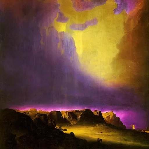 Prompt: a large purple cliff surrounded by purple lightning with an army in the foreground by john martin oil on canvas