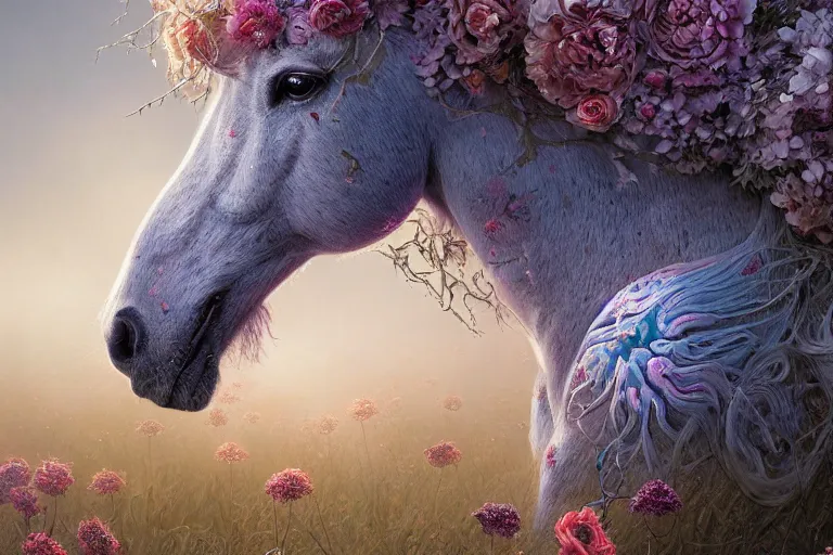 Image similar to a stunning digital painting of a horse made of intricately engraved gnarled wood with a mane of bioluminescent flowers standing in a field of flowers by greg rutkowski, flowercore, volumetric light, digital art, fine detail, photorealistic