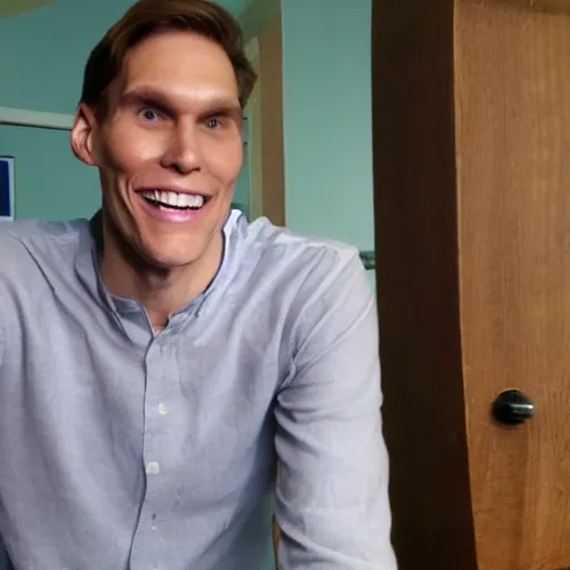 Image similar to jerma looking at the camera with an abnormally large smile