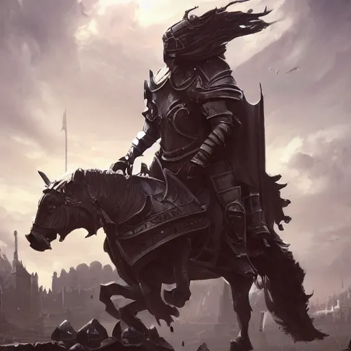 Image similar to a giant black chess knight statue, battlefield background, bright art masterpiece artstation. 8 k, sharp high quality artwork in style of jose daniel cabrera pena and greg rutkowski, concept art by tooth wu, hearthstone card game artwork, chess piece