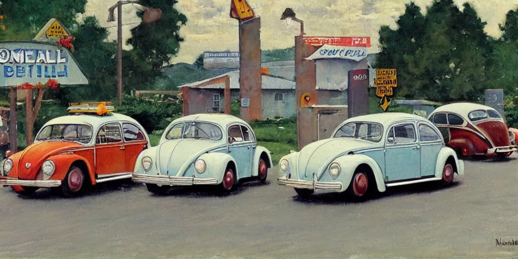 Prompt: americana 1 9 6 0 s motel with sign and vw beetle in the car park, oil painting by norman rockwell