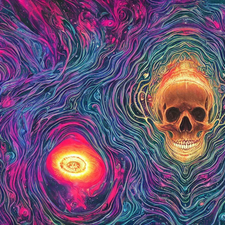 Image similar to a symmetrical composition of a giant skull with intricate rune carvings and glowing eyes with thick lovecraftian tentacles emerging from a space nebula by dan mumford, twirling smoke trail, a twisting vortex of dying galaxies, digital art, vivid colors, highly detailed