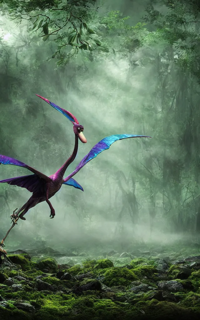 Prompt: iridiscent rainbow dim pterodactyl hunting an insect in a deep swamp, moss and mud, photography, 3d octane render