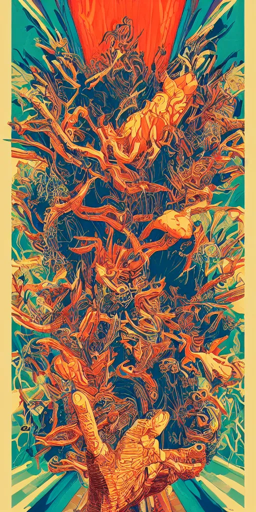 Image similar to five piece rock band poster, pine tree, psychedelic intricate highly detailed symmetrical, cinematic movie screen printing poster colorful and vivid pattern, by Artgerm, Darius Zawadzki, James Jean and Moebius, Artstation trending