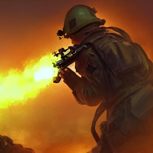 Prompt: a soldier in a trench receiving artillery fire, purple smoke, digital art artstation