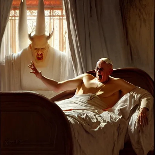 Prompt: the pope is in his bed, nervous and terrified, because a double horned shadow demon from hell is attacking him. highly detailed painting by gaston bussiere, j. c. leyendecker, greg rutkowski, craig mullins 8 k