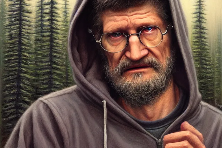 Image similar to ted kaczynski in a hoodie. log cabin background. oil painting elegant, highly detailed, centered, digital painting, artstation, concept art, smooth, sharp focus, illustration, artgerm, tomasz alen kopera, peter mohrbacher, donato giancola, joseph christian leyendecker drew struzan