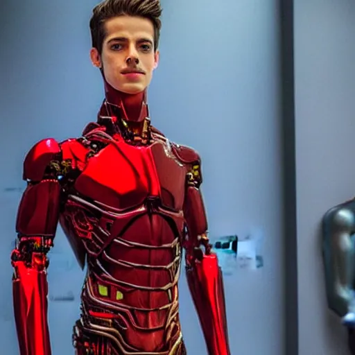 Image similar to “a realistic detailed photo of a guy who is an attractive humanoid who is half robot and half humanoid, who is a male android, actor Grant Gustin, shiny skin, posing like a statue, blank stare, at the museum, on display”