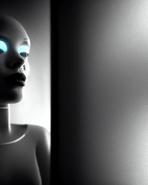 Image similar to black and white high quality photo of a beautiful futuristic female human-cyborg looking into a sci-fi mirror, volumetric lighting, liminal space, brutalism, foggy, dreamy, hyperdetailed, bokeh, photorealistic, cinematic, masterpiece, Metropolis, elegant, dark, octane render, 8K, in the style of Man Ray