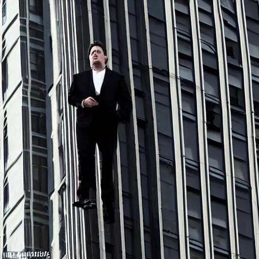 Prompt: Jon Favreau as clean-shaven Happy Hogan wearing a black suit and black necktie and black dress shoes is climbing up the side of a tall building in an urban city. The sky is filled with dark clouds and the mood is ominous.