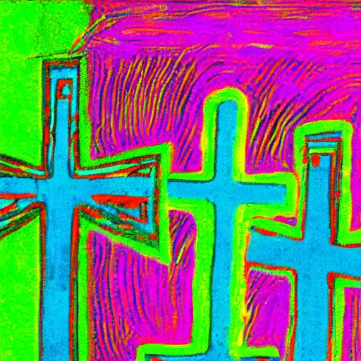 Image similar to fluo green cave painting of crosses and ufos