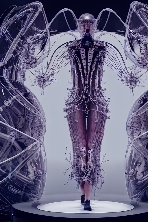 Image similar to background space station, baroque inflateble dress iris van herpen positing on floor, perfect symmetrical, full body shot, white helmet on face, inflateble shapes, wires, tubes, veins, jellyfish, white biomechanical details, wearing epic bionic implants, masterpiece, intricate, biopunk, vogue, highly detailed, artstation, concept art