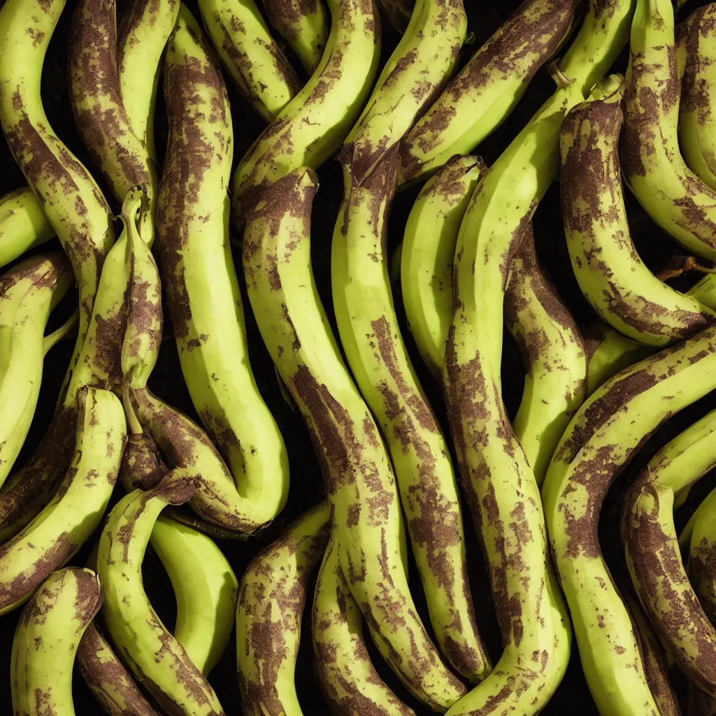 Prompt: very ripe bananas organized like a complex fractal, cracked, vegetable foliage, art nouveau fractal with petal shape, and stems, mesh roots, hyper real, food photography, high quality